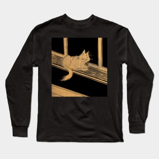 Maine Coon Cat on Windowsill Linocut in Gold and Black Long Sleeve T-Shirt